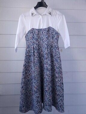 Chic Tweed Midi Dress White Shirt Top Beaded Collar Pockets
